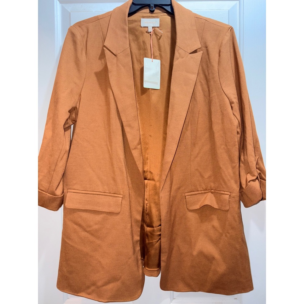 Skies Are Blue Womens Roll Tab Sleeve Open Front Blazer Camel Orange XL NWT